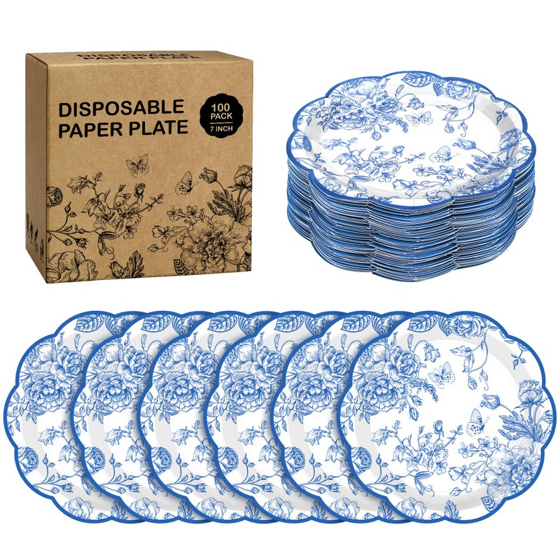 Kochorie 100 Pieces Blue Flower Paper Plates 7 Inches Disposable Floral Paper Plates Scalloped Blue Chinoiserie Vintage Flower Dessert Plate for Wedding Birthday Holiday Party Decor Supplies